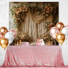 Lofaris Boho Floral Silk Backdrop Cream Drapery and Rose Arch with Candles for Wedding