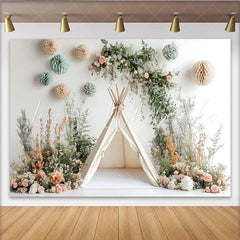 Lofaris Boho Floral Teepee Photography Backdrop with Pastel Flowers Whimsical Studio Background for Baby and Child Photoshoot
