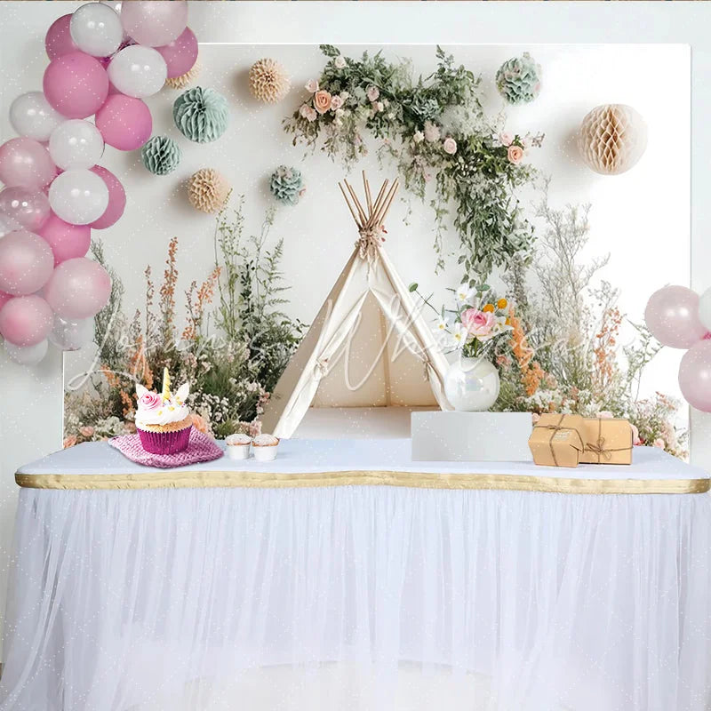 Lofaris Boho Floral Teepee Photography Backdrop with Pastel Flowers Whimsical Studio Background for Baby and Child Photoshoot