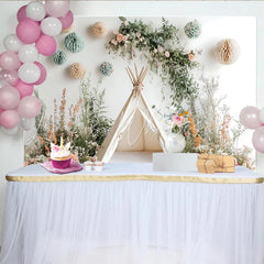 Lofaris Boho Floral Teepee Photography Backdrop with Pastel Flowers Whimsical Studio Background for Baby and Child Photoshoot