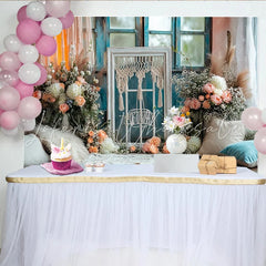 Lofaris Boho Floral Window Photography Backdrop with Macrame and Peach Flowers Elegant Studio Background for Photoshoot and Event Decor