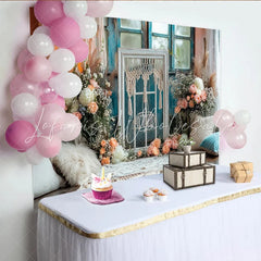 Lofaris Boho Floral Window Photography Backdrop with Macrame and Peach Flowers Elegant Studio Background for Photoshoot and Event Decor