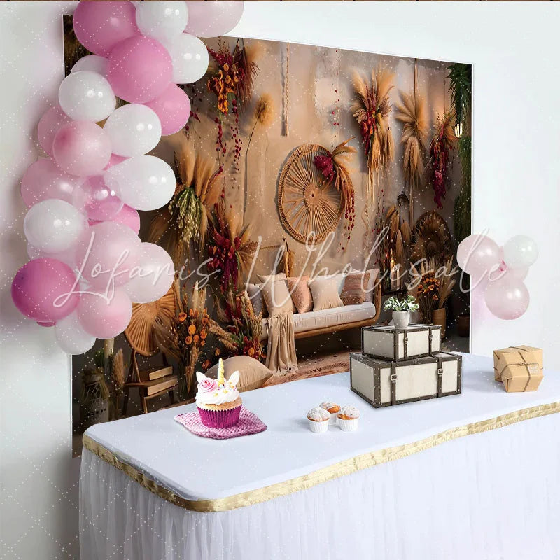 Lofaris Boho Home Interior Photography Backdrop Pampas Grass Wall Art and Sofa Photo Background