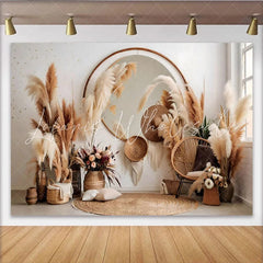 Lofaris Boho Living Room Photography Backdrop Pampas Grass and Mirror Interior Photo Background