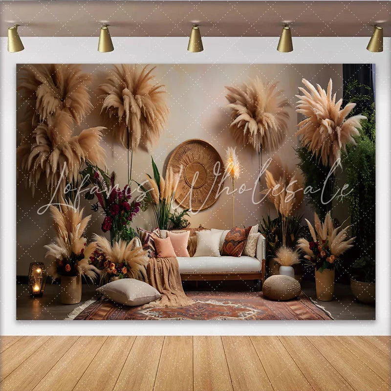 Lofaris Boho Living Room Set Backdrop Pampas Grass and Ethnic Decor Photography Background