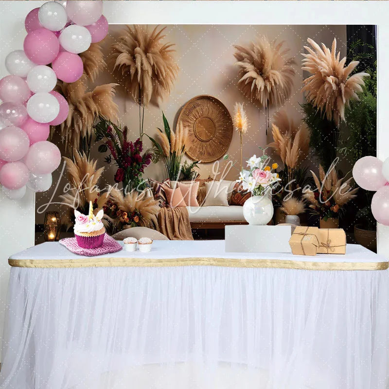 Lofaris Boho Living Room Set Backdrop Pampas Grass and Ethnic Decor Photography Background