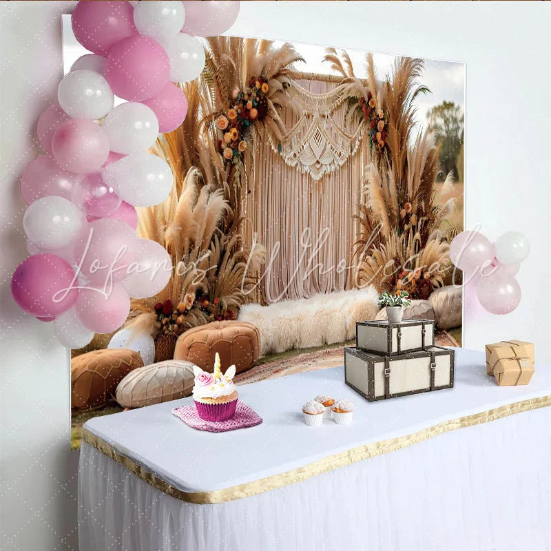 Lofaris Boho Macrame Arch Photography Backdrop Pampas Grass and Cushion Photo Background
