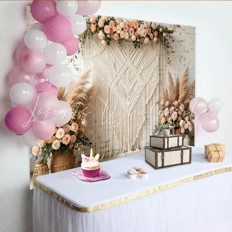 Lofaris Boho Macrame Floral Photography Backdrop with Pampas Grass and Roses Elegant White Brick Wall Background for Wedding and Party Decor