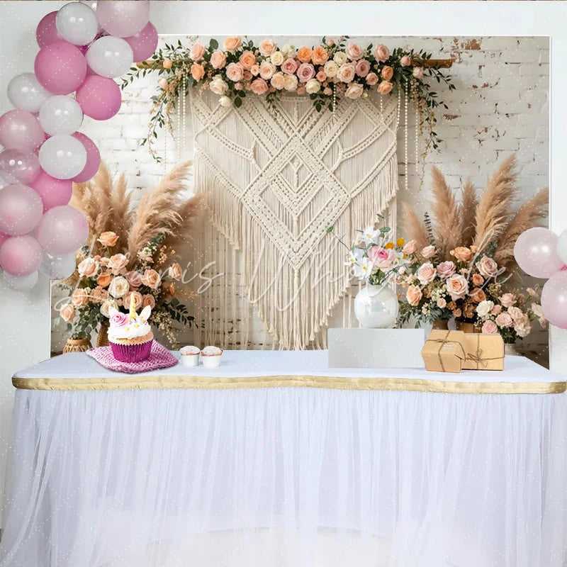 Lofaris Boho Macrame Floral Photography Backdrop with Pampas Grass and Roses Elegant White Brick Wall Background for Wedding and Party Decor