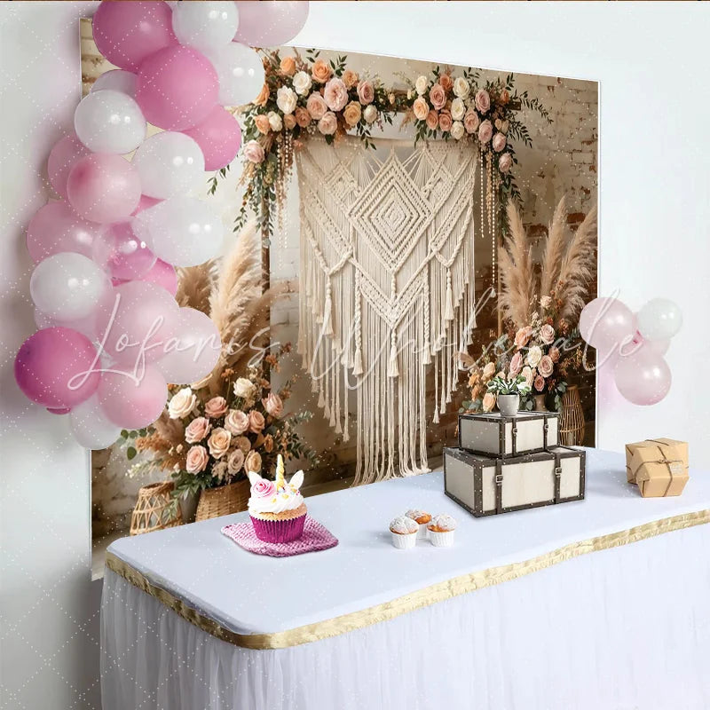Lofaris Boho Macrame Floral Photography Backdrop with Pampas Grass and Roses Rustic Brick Wall Background for Wedding Decor and Photoshoot
