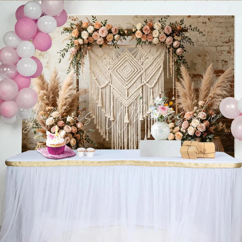 Lofaris Boho Macrame Floral Photography Backdrop with Pampas Grass and Roses Rustic Brick Wall Background for Wedding Decor and Photoshoot
