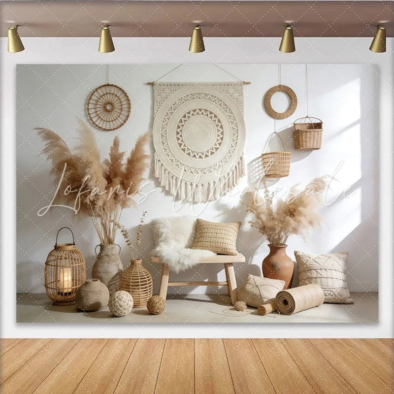 Lofaris Boho Macrame Pampas Grass Photography Backdrop with Neutral Tones Rustic Wall Tapestry for Studio Photoshoot and Home Decor.
