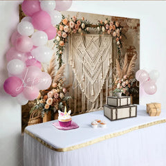 Lofaris Boho Macrame Photography Backdrop with Floral Garland and Pampas Grass Rustic Brick Wall Background for Wedding Event Decor