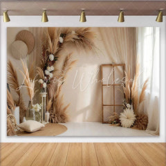 Lofaris Boho Pampas Grass Arch Photography Backdrop Rustic Window and Flowers Photo Background