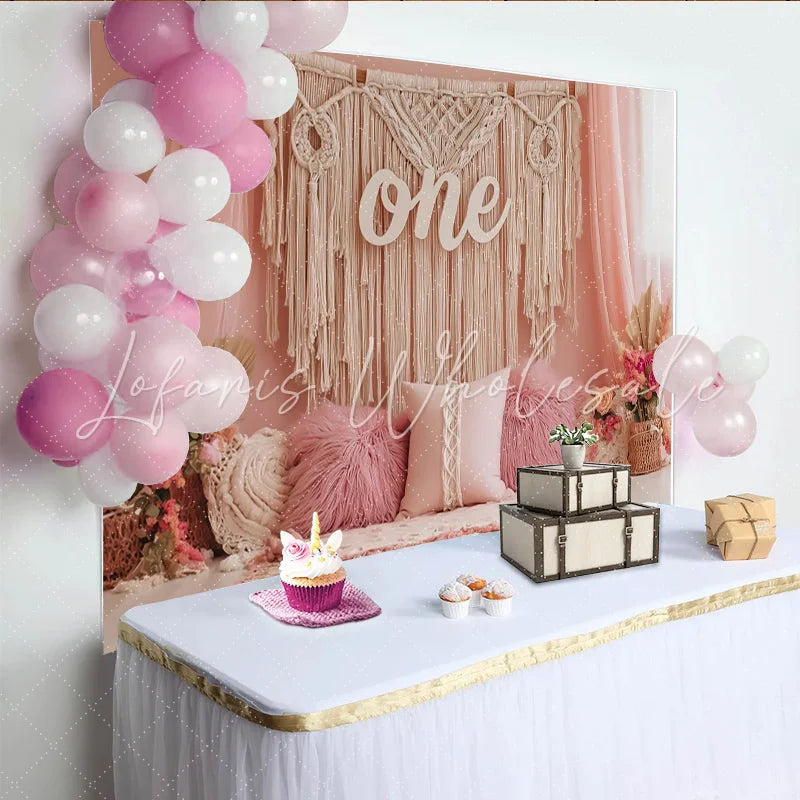 Lofaris Boho Pink 1st Birthday Backdrop with Macrame and Flowers Elegant Studio Background for Baby Girl Photoshoot
