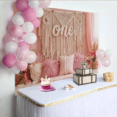 Lofaris Boho Pink 1st Birthday Backdrop with Macrame and Flowers Elegant Studio Background for Baby Girl Photoshoot