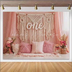 Lofaris Boho Pink 1st Birthday Backdrop with Macrame and Flowers Elegant Studio Background for Baby Girl Photoshoot
