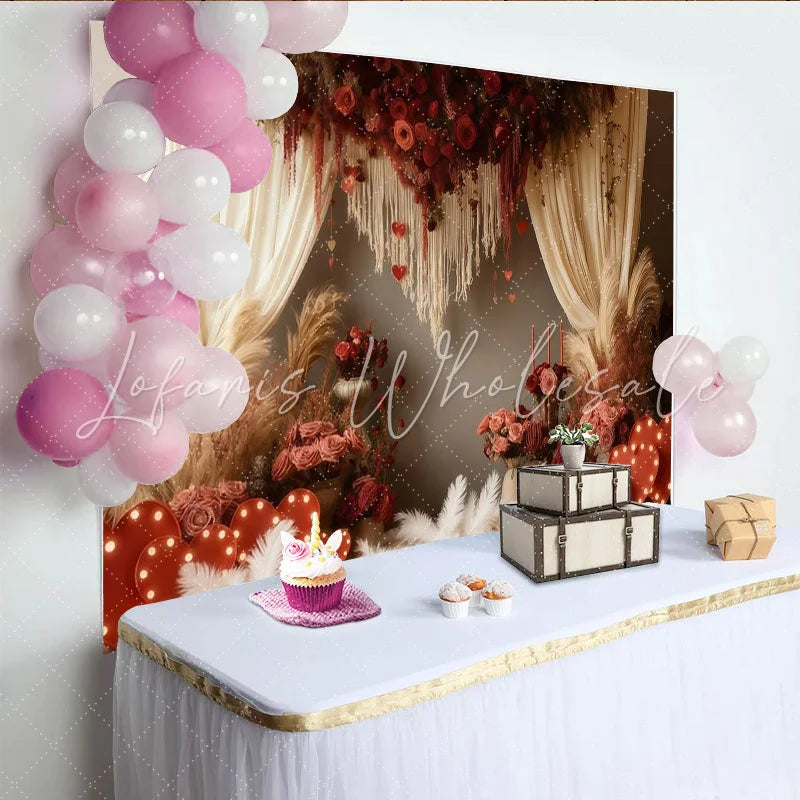 Lofaris Boho Red Roses and Hearts Party Backdrop with Pampas Grass Elegant Valentine’s Day Wedding Photo Decor