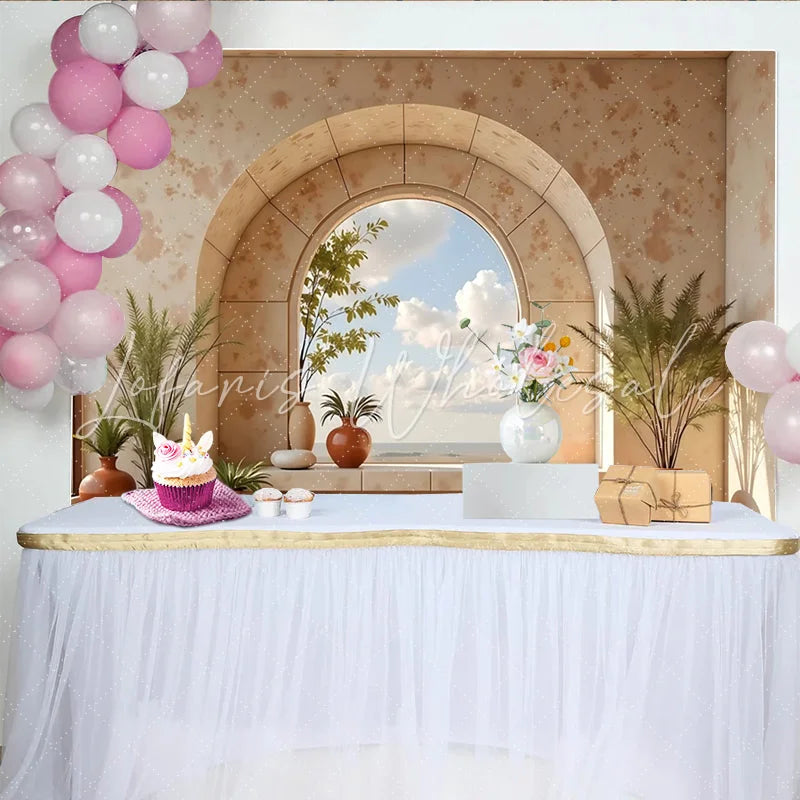 Lofaris Boho Rustic Arch Window Photography Backdrop with Potted Plants Elegant Studio Background for Portrait Photoshoot