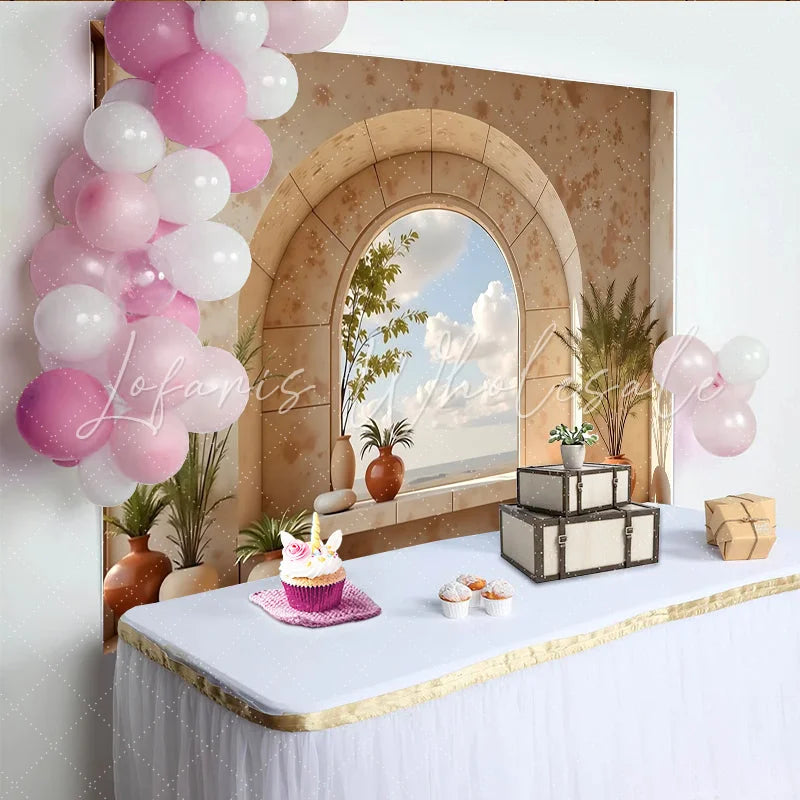 Lofaris Boho Rustic Arch Window Photography Backdrop with Potted Plants Elegant Studio Background for Portrait Photoshoot
