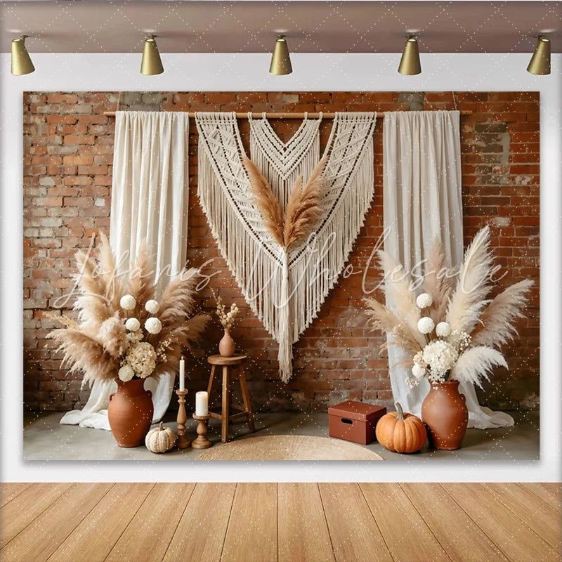 Lofaris Boho Rustic Photography Backdrop with Macrame and Pampas Grass Autumn Fall Studio Background for Photoshoot