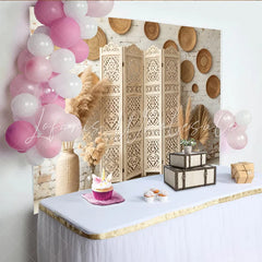 Lofaris Boho Rustic White Brick Photography Backdrop with Pampas Grass Elegant Woven Plates and Carved Screen Background