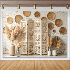 Lofaris Boho Rustic White Brick Photography Backdrop with Pampas Grass Elegant Woven Plates and Carved Screen Background