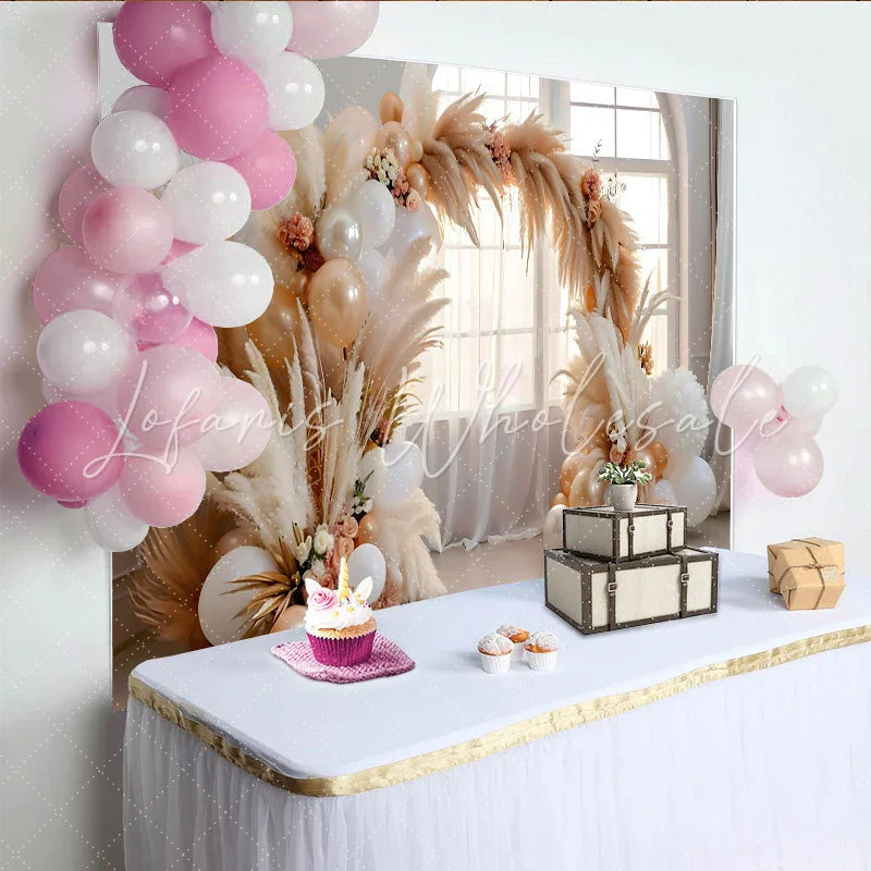 Lofaris Boho Window Arch Backdrop Pampa Grass and Balloon Decor for Wedding Party