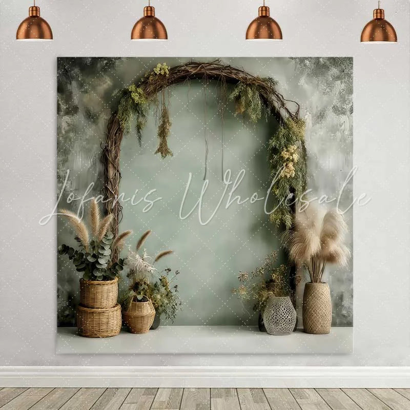 Lofaris Boho Woven Arch Backdrop Pampa Grass and Wicker Baskets for Rustic Studio Decor