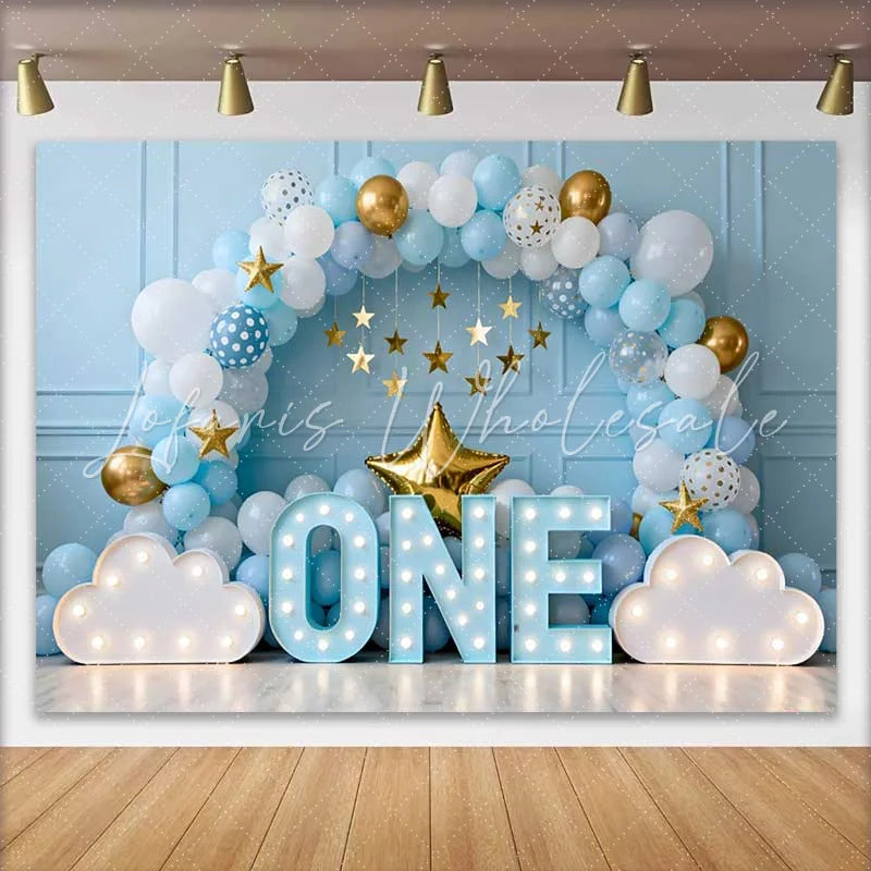 Lofaris Boy 1st Birthday Cake Smash Backdrop Blue and White Balloon Arch with Marquee ONE and Gold Stars