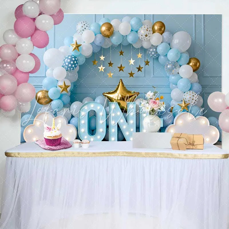 Lofaris Boy 1st Birthday Cake Smash Backdrop Blue and White Balloon Arch with Marquee ONE and Gold Stars