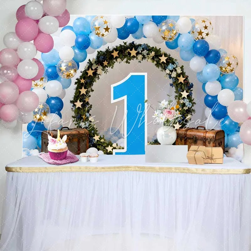 Lofaris Boy First Birthday Backdrop Blue and White Balloon Arch with Green Wreath and Large Number 1