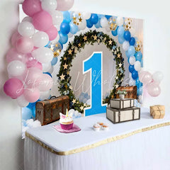 Lofaris Boy First Birthday Backdrop Blue and White Balloon Arch with Green Wreath and Large Number 1