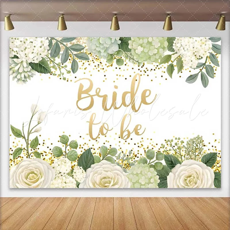 Lofaris Bride to Be Backdrop for Bridal Shower White Floral and Green Leaves with Gold Glitter Decoration