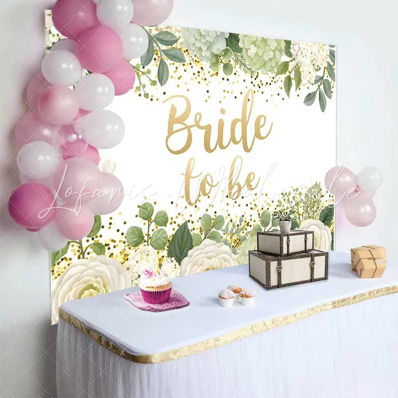 Lofaris Bride to Be Backdrop for Bridal Shower White Floral and Green Leaves with Gold Glitter Decoration
