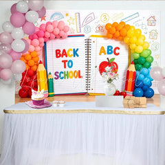 Lofaris Bright Back To School Backdrop with ABC Apple and Pencils Vibrant Classroom Background for Student Photography