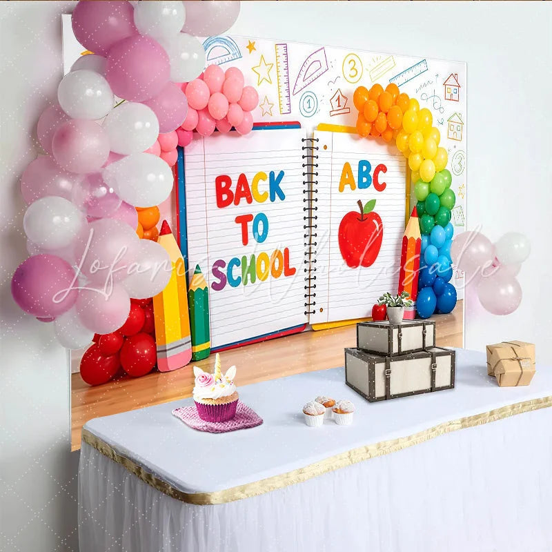 Lofaris Bright Back To School Backdrop with ABC Apple and Pencils Vibrant Classroom Background for Student Photography