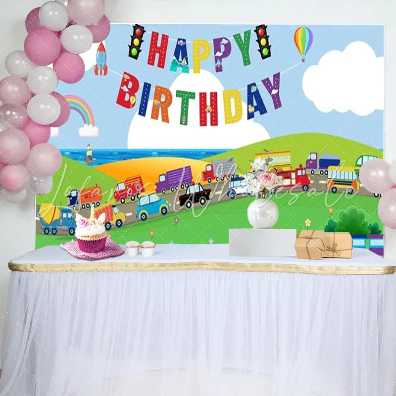 Lofaris Bright Cartoon Transportation Happy Birthday Backdrop with Vehicles Train and Rainbow for Kids Party