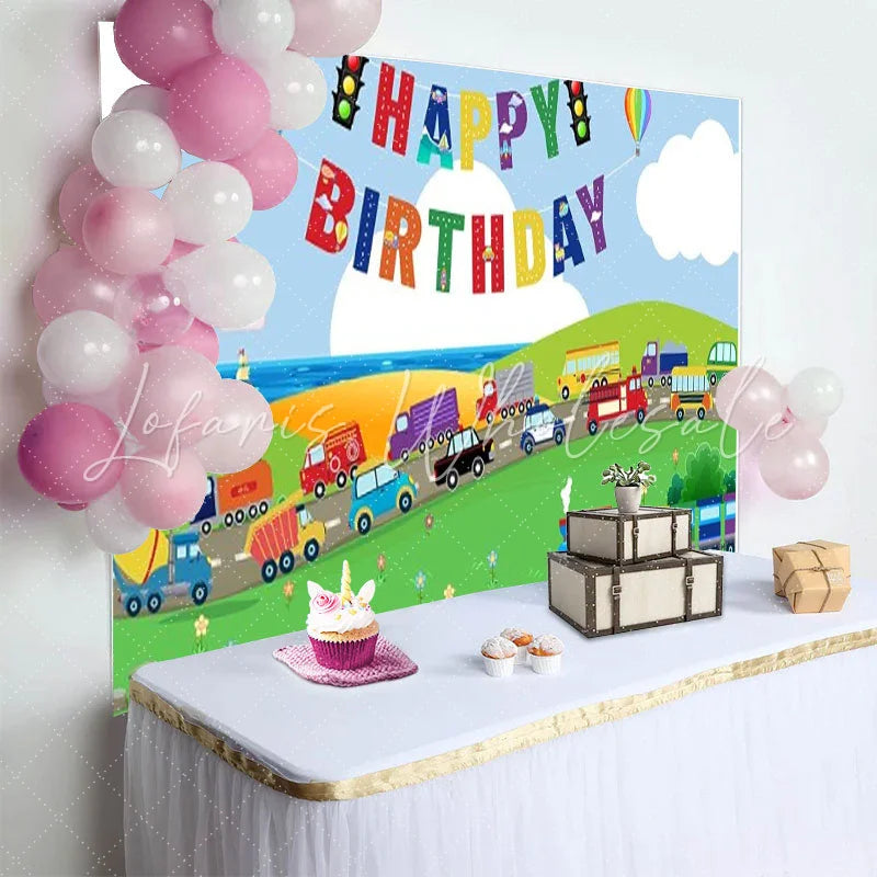 Lofaris Bright Cartoon Transportation Happy Birthday Backdrop with Vehicles Train and Rainbow for Kids Party