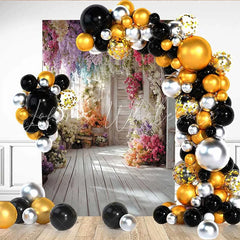 Lofaris Bright Floral Hallway Backdrop Hanging Colorful Flowers and White Wood Floor for Party