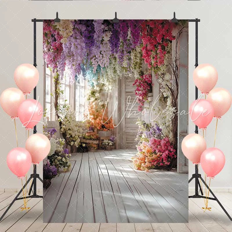 Lofaris Bright Floral Hallway Backdrop Hanging Colorful Flowers and White Wood Floor for Party
