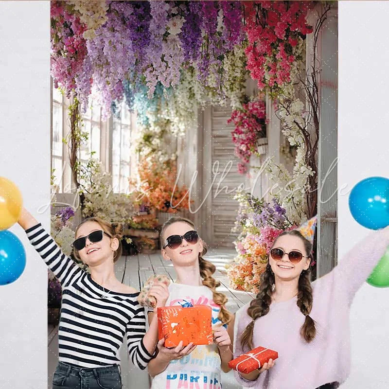 Lofaris Bright Floral Hallway Backdrop Hanging Colorful Flowers and White Wood Floor for Party