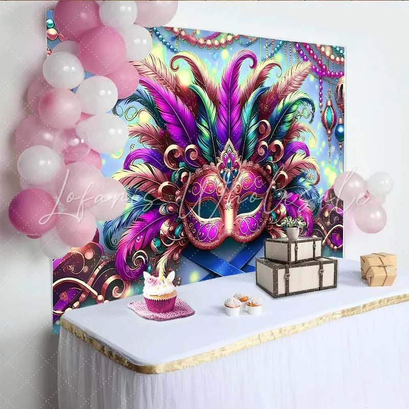 Lofaris Bright Mardi Gras Festival Backdrop Feathered Mask and Blue Bokeh Party Banner