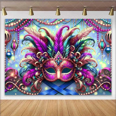 Lofaris Bright Mardi Gras Festival Backdrop Feathered Mask and Blue Bokeh Party Banner
