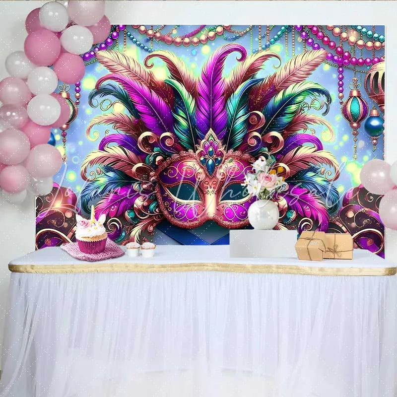 Lofaris Bright Mardi Gras Festival Backdrop Feathered Mask and Blue Bokeh Party Banner