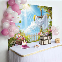 Lofaris Bright Spring Easter Backdrop with Wooden Cross Eggs Sunny Sky and Green Grass Festive Photography Holiday Decor