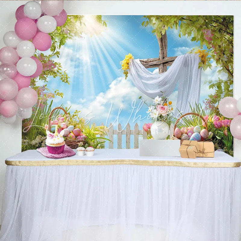 Lofaris Bright Spring Easter Backdrop with Wooden Cross Eggs Sunny Sky and Green Grass Festive Photography Holiday Decor