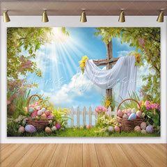 Lofaris Bright Spring Easter Backdrop with Wooden Cross Eggs Sunny Sky and Green Grass Festive Photography Holiday Decor