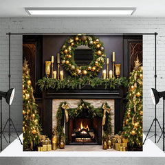 Lofaris Brown Beige Retro Fireplace Christmas Vibe Backdrop