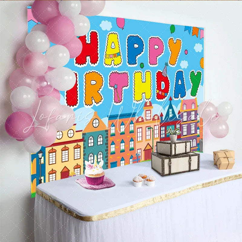 Lofaris Bunter Cartoon-Geburtstagshintergrund mit fröhlicher Stadtkulisse Ballons und Wimpelkette für Kinderpartys
